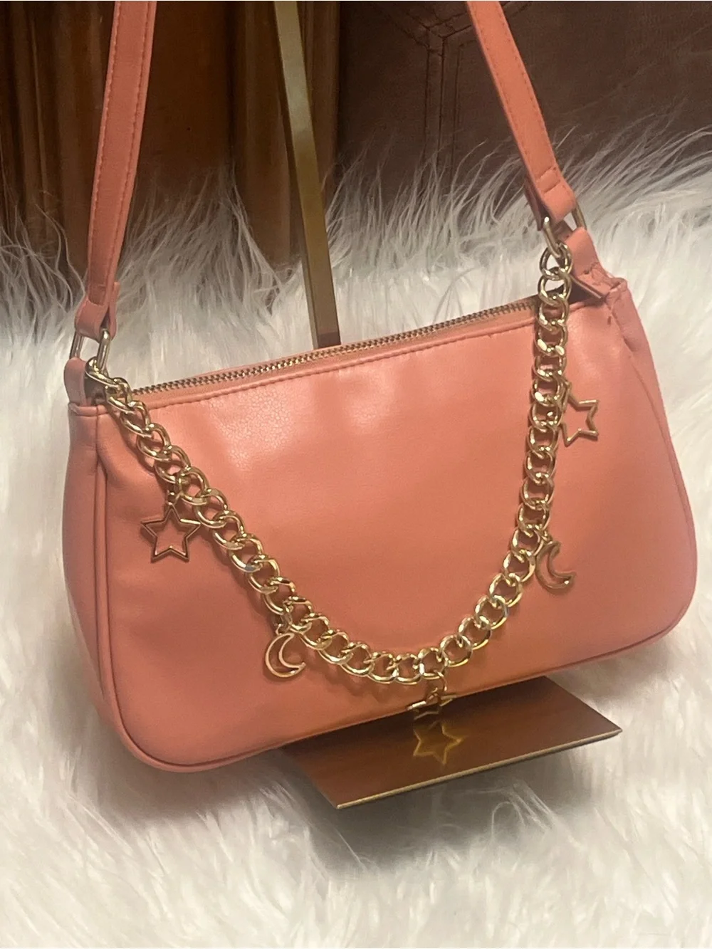 wild fable Coral Shoulder Bag with Gold Star & Moon Charm Chain